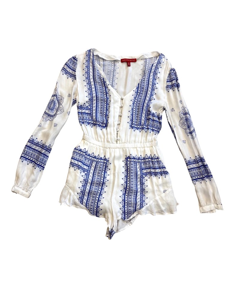 Saks Fifth Avenue Women's Button Front Romper Xs White Blue Scarf Print Boho